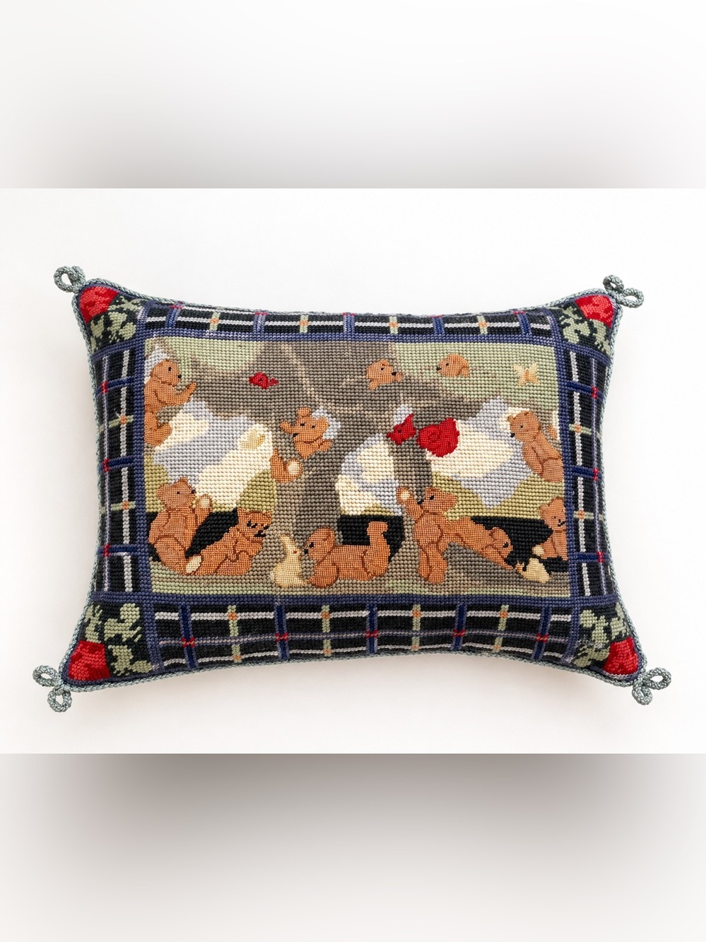 Needlepoint Cottage core Bear Chick Pillow - Nursery Whimsy Storybook Multi